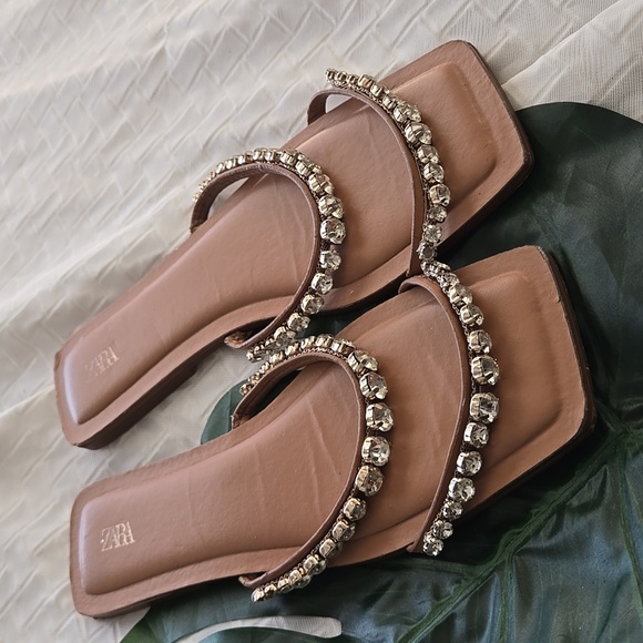 Zara Rhinestone Embellished Tan Sandals Summer Shoes - Picture 3 of 8